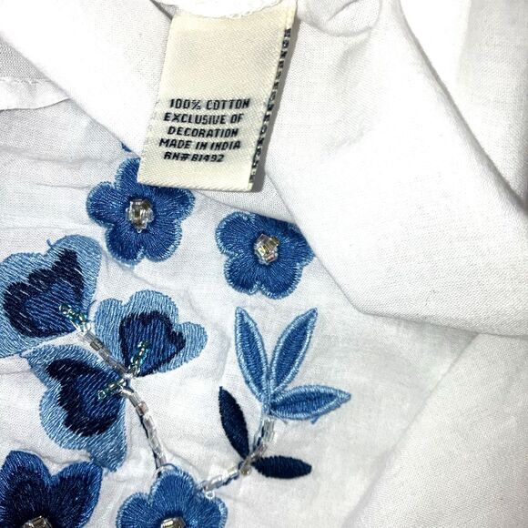 TANTRUMS XXL 1X White 100% Cotton Blue Embroidered Peasant Top 3/4 Puff Sleeve - Picture 6 of 6